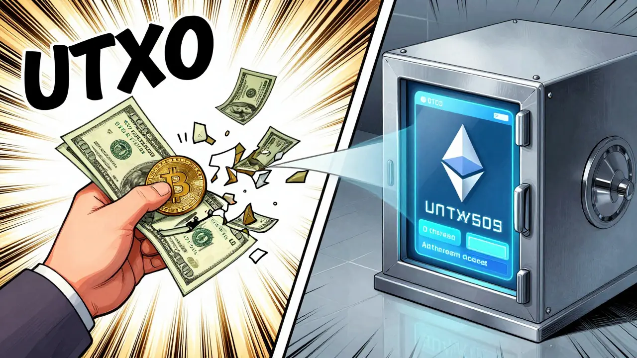 Split-screen manga illustration comparing Bitcoin UTXO cash flow with Ethereum account balances
