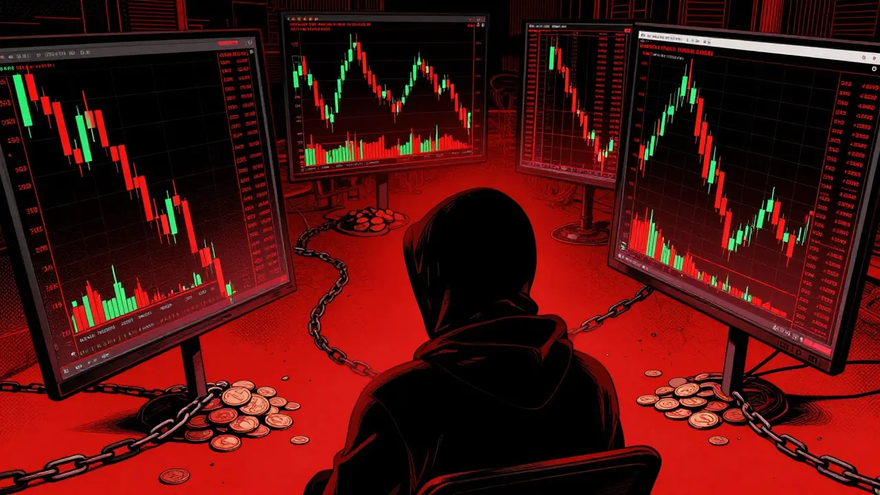 Trader staring at crashing crypto charts in dark room