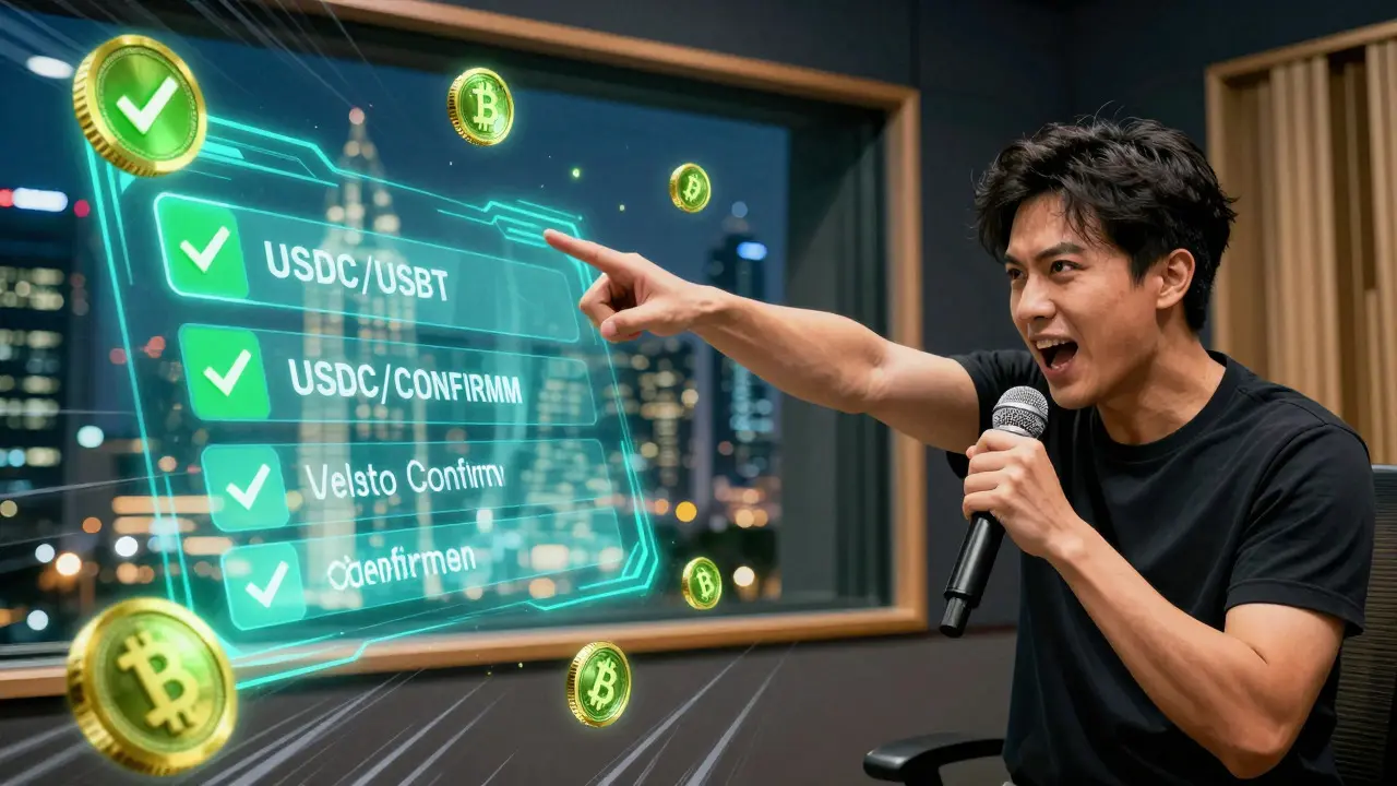 Voice actor celebrating instant crypto payment
