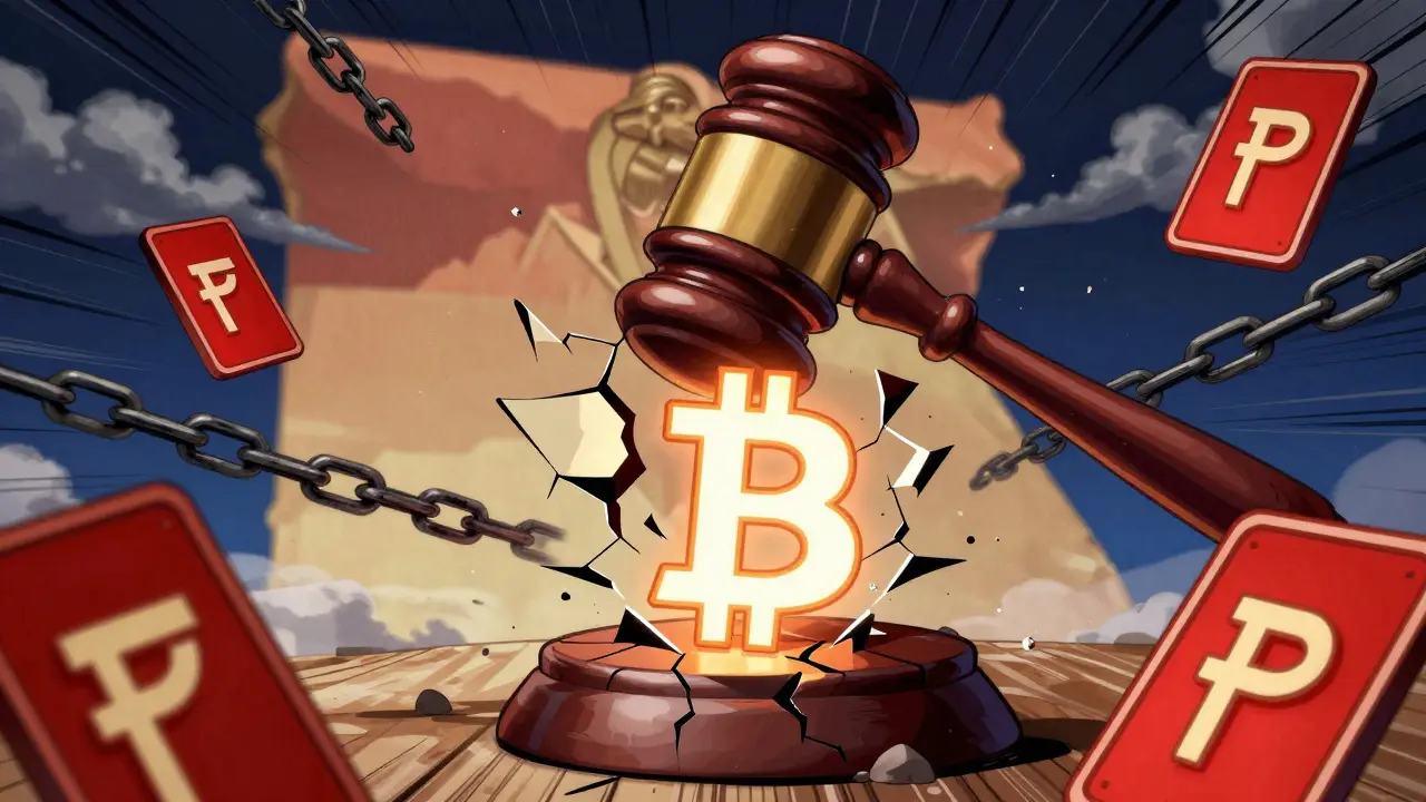 A giant gavel crushing a glowing Bitcoin symbol surrounded by chains and warning signs.