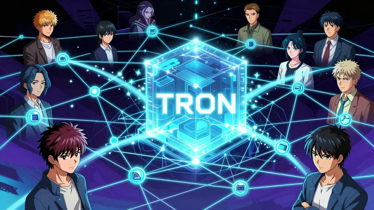 Abstract neon blockchain network visualization in cyberpunk manga art