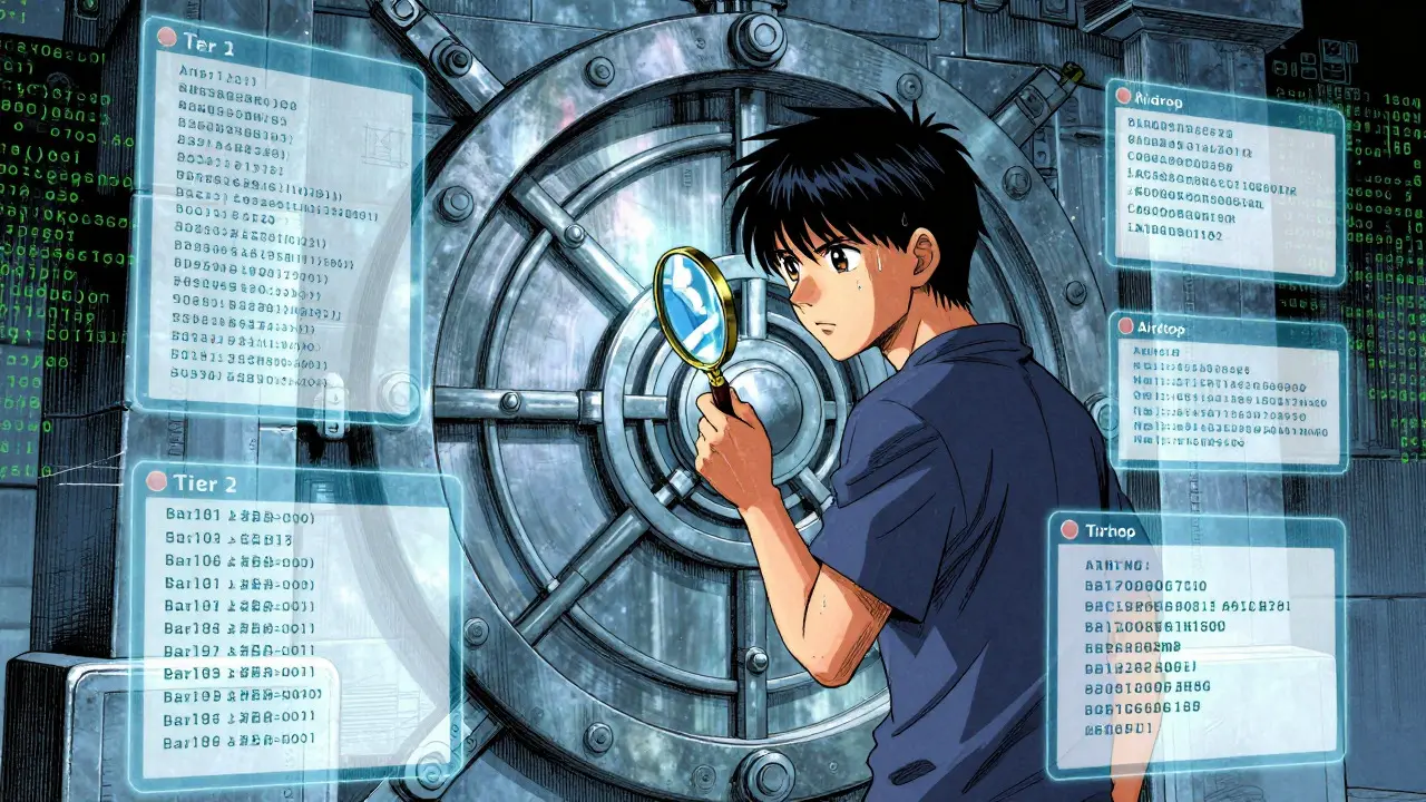 Anime character inspecting a blockchain vault door with a magnifying glass