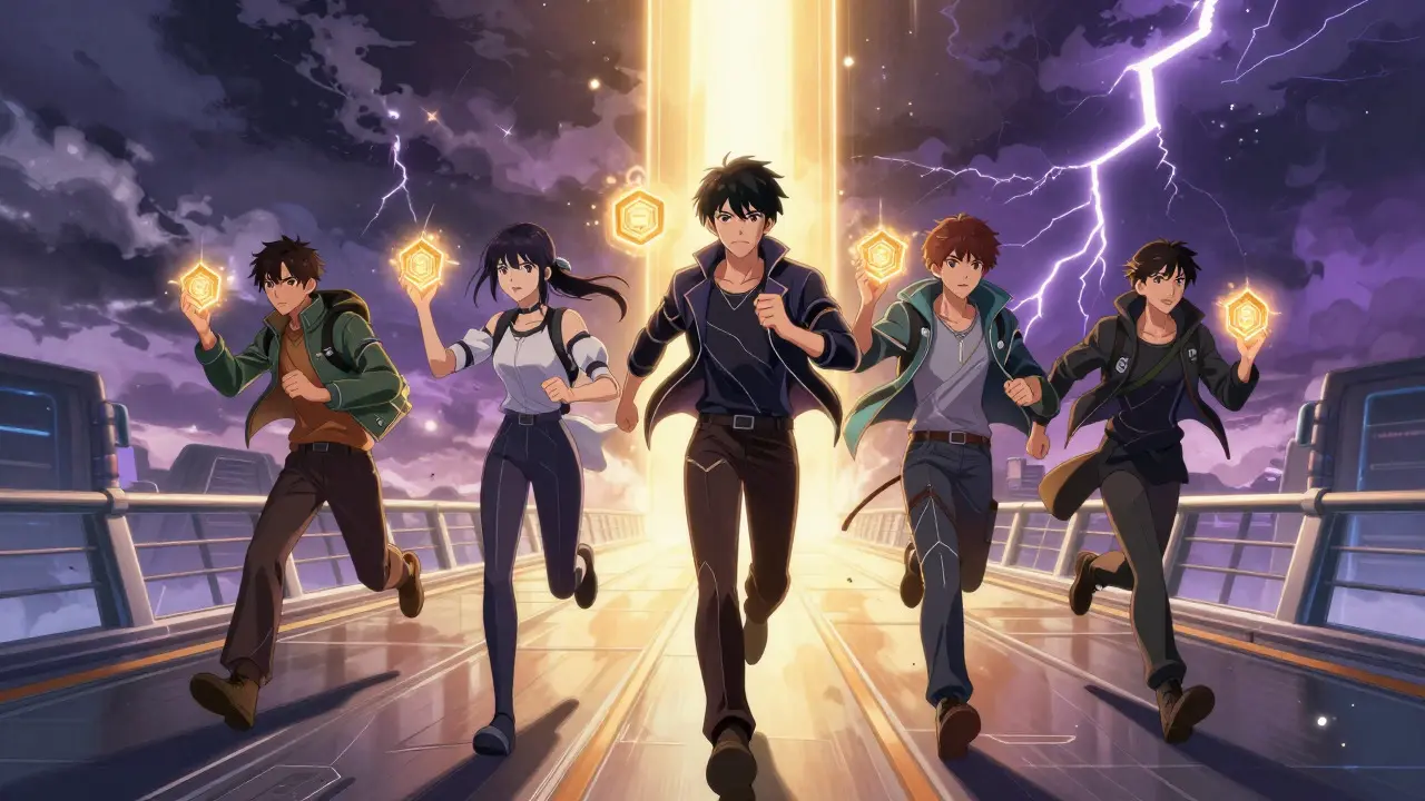 Anime characters running forward holding glowing tokens under a stormy sky