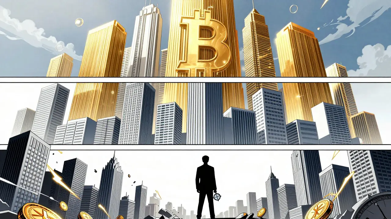 Anime cityscape showing small, mid, and large cap crypto assets as buildings