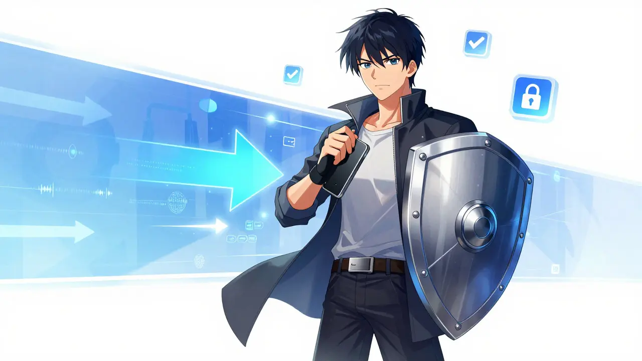 Anime hero protecting wallet with shield against cyber threats