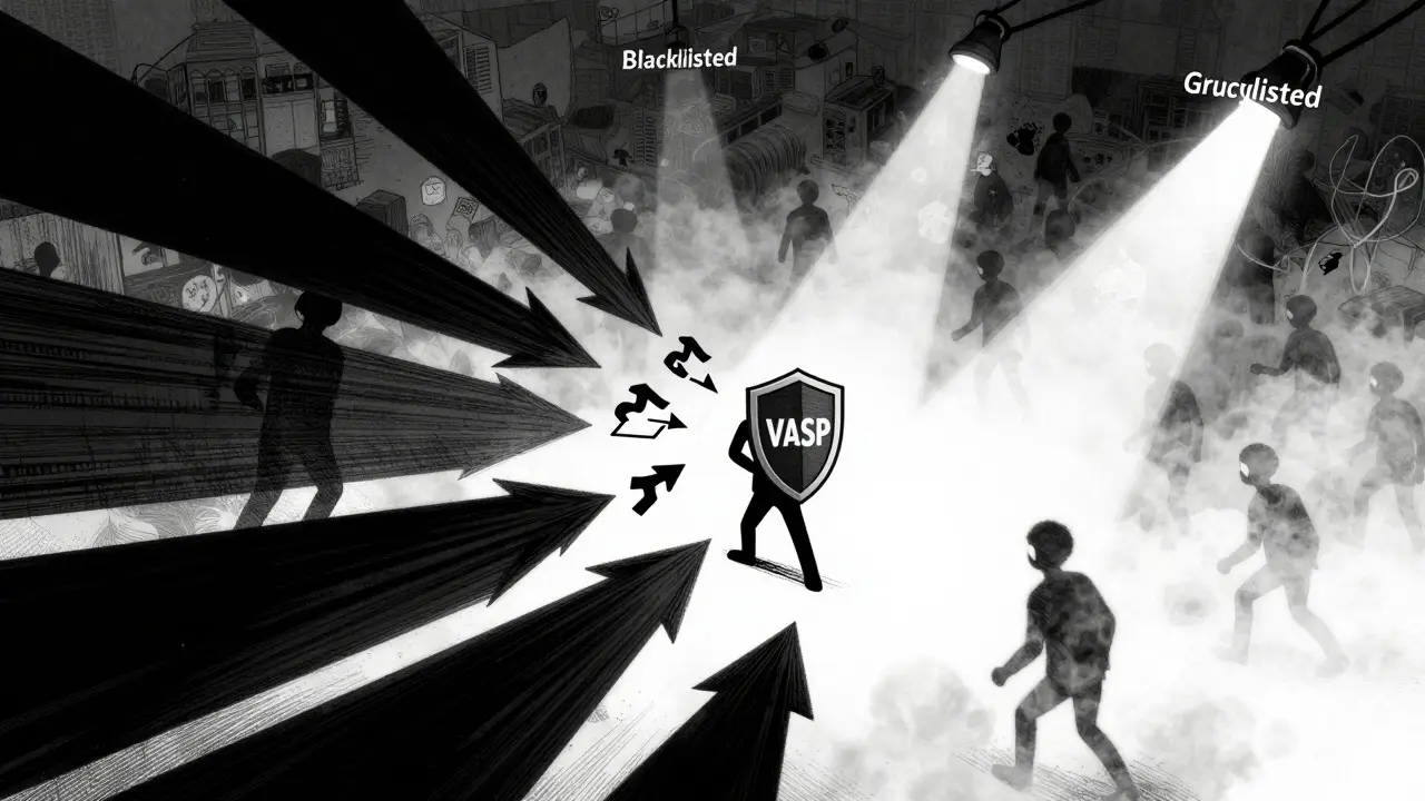 Anime illustration of financial flows blocked by blacklists and monitored in grey zones