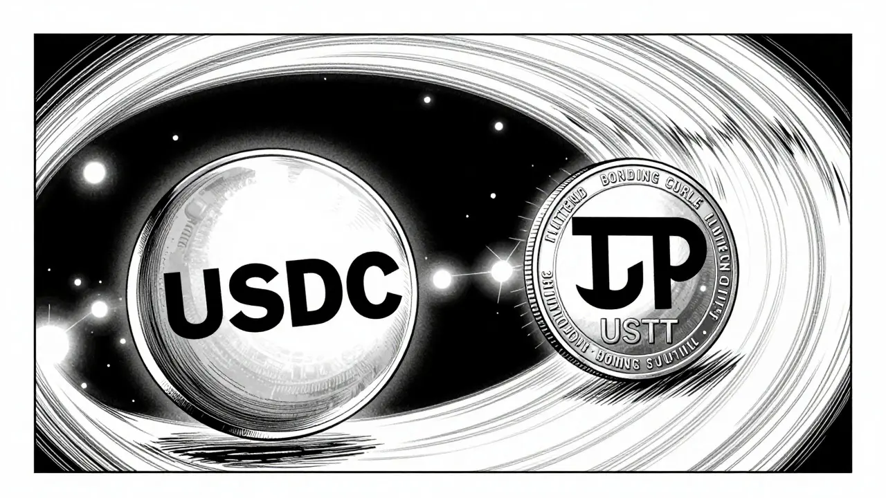 Anime illustration of two stablecoin spheres swapping smoothly through a curved light tunnel, minimizing slippage.
