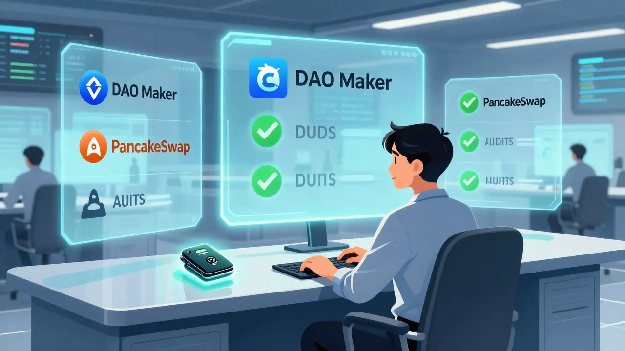 Anime investor securely managing assets with verified launchpads and hardware wallet