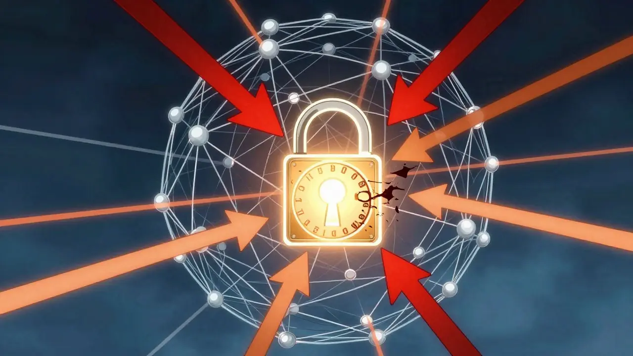 Anime-style graphic of a blockchain network with a central lock blocking red data streams