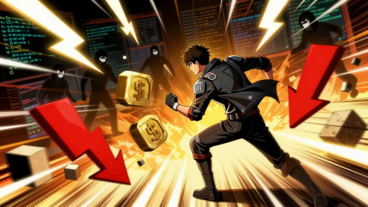 Anime trader dodging gas fee and slippage obstacles in a digital blockchain arena.