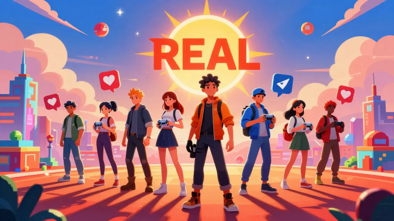 Avatars overlooking a colorful metaverse landscape in anime style