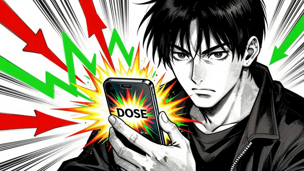 Close-up of a trader holding a phone with abstract energy effects