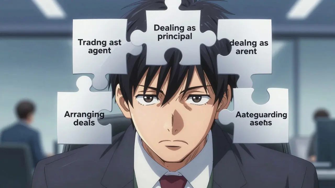 Close-up of an anime executive analyzing complex geometric shapes representing crypto regulation activities