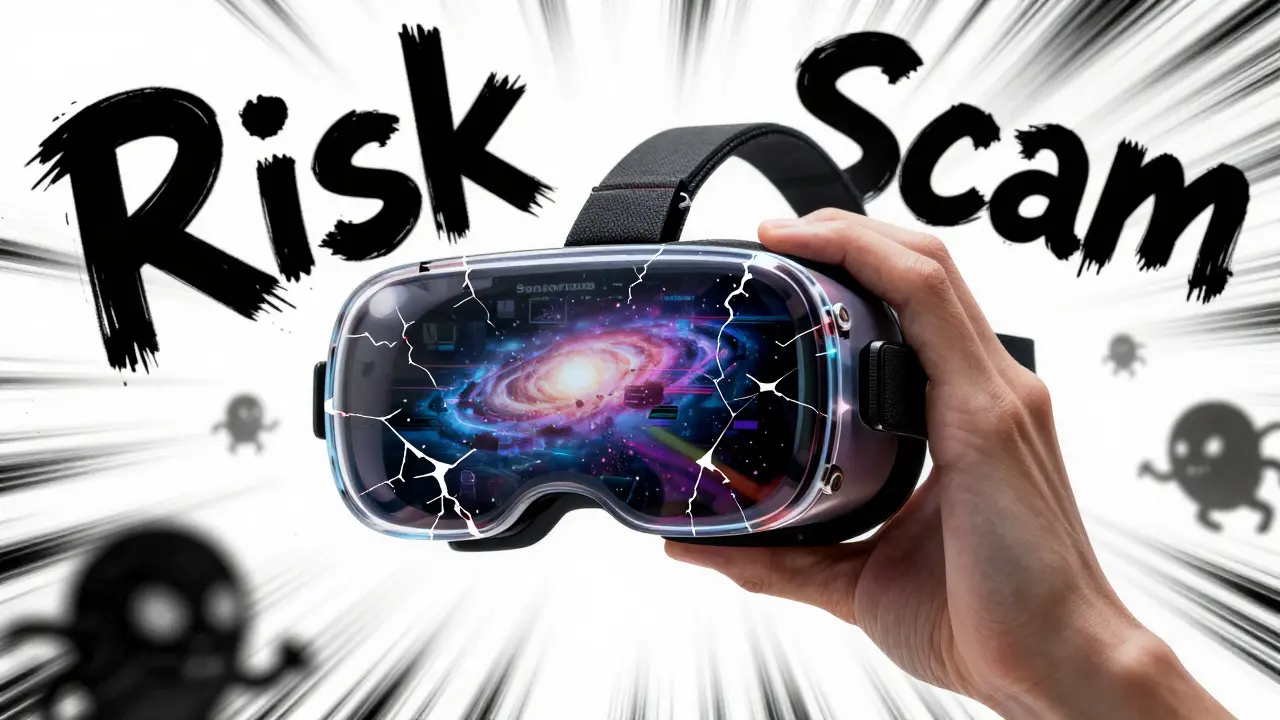 Cracked VR headset reflecting glitchy metaverse
