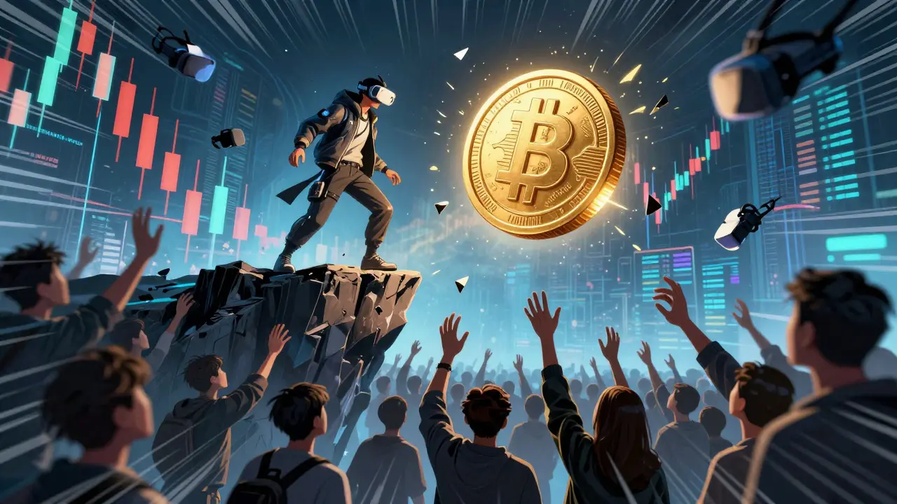 Crowd reaching for single golden token in VR world