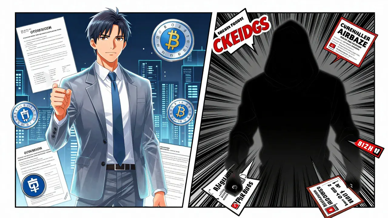 Dynamic manga artwork contrasting a transparent legitimate crypto founder with a shadowy scammer, using bold lines and dramatic lighting to show the risks of unverified airdrops like HUSL.