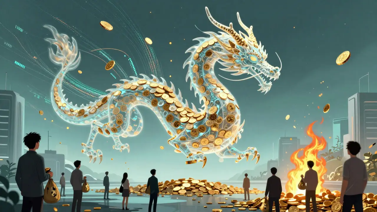 Golden dragon made of coins hovering over users, symbolizing tokenomics