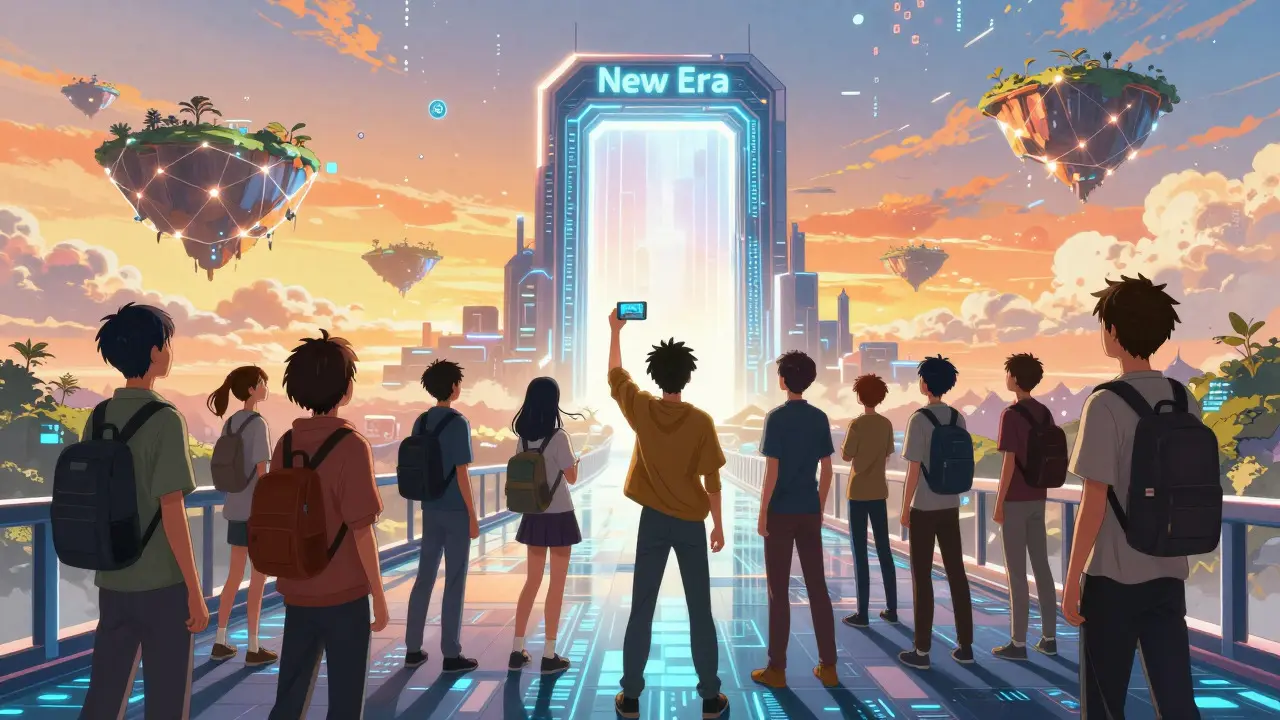 Group of anime characters on a digital bridge overlooking a glowing futuristic landscape
