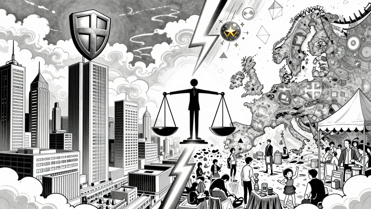 Manga art comparing UK strict regulations with global crypto markets