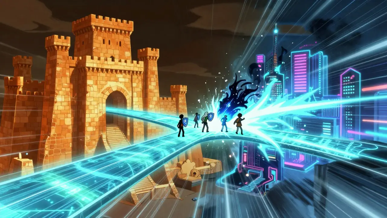 Manga art showing a bridge connecting a stable mainchain fortress and a fast sidechain city
