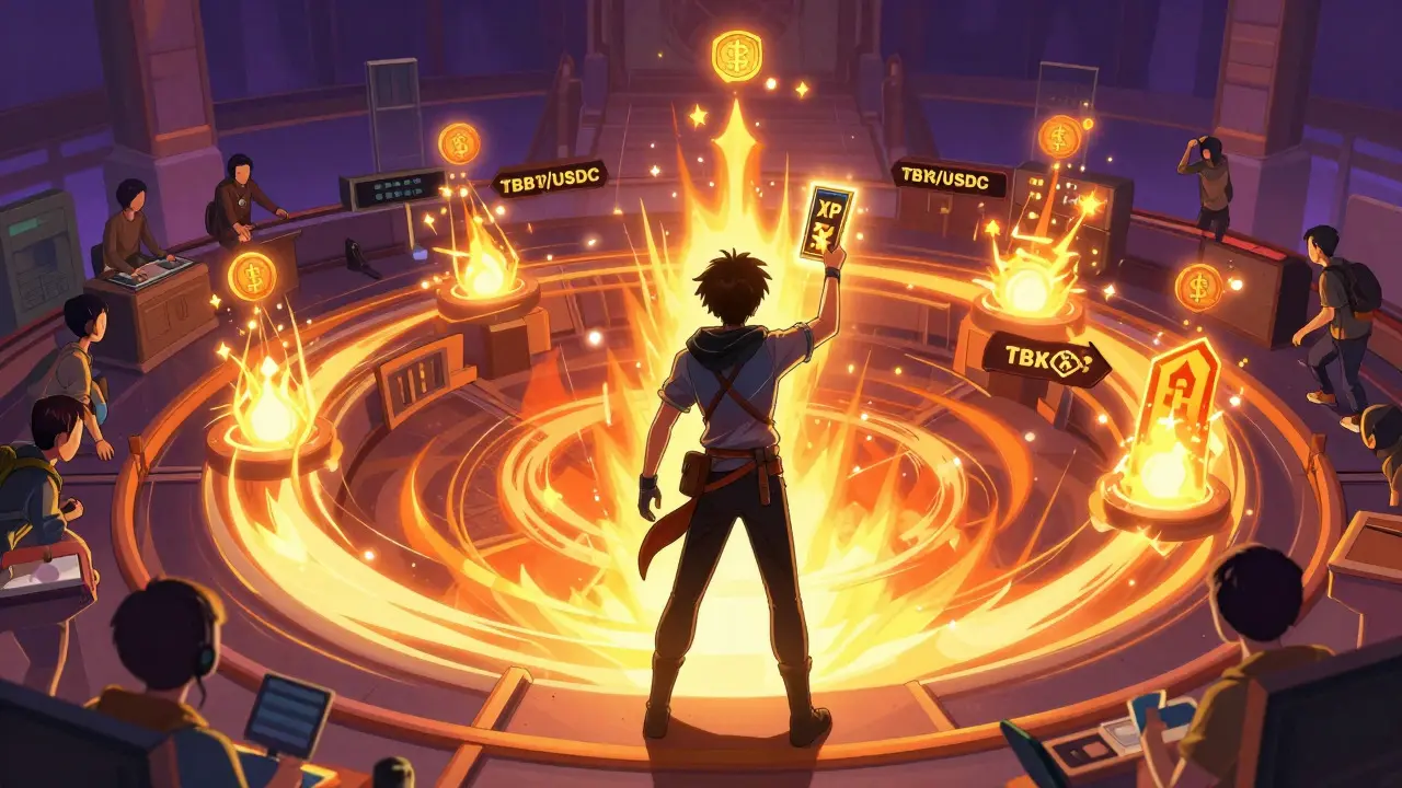Manga art showing a user earning XP points in a swirling liquidity trading arena