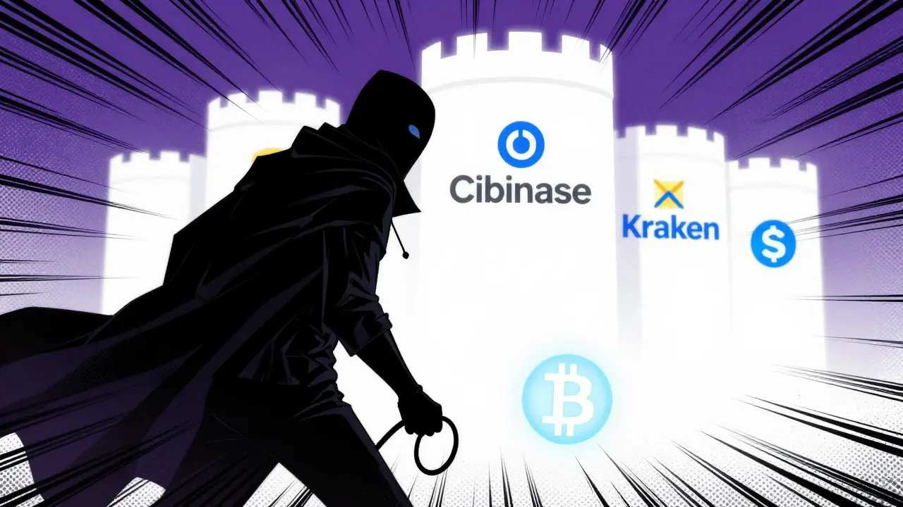 Manga art showing shadowy scammer trapping crypto funds while legit exchanges shine.