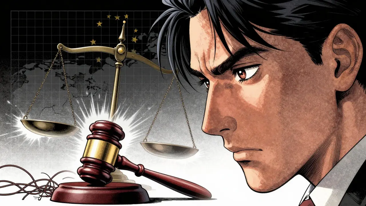 Manga artist of a trader facing complex legal scales and conflicting rules