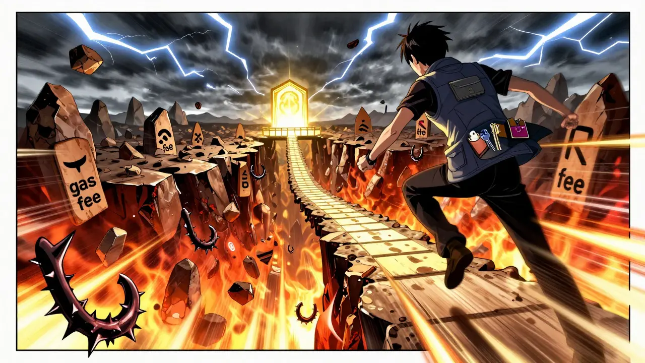 Manga hero jumping over digital dangers toward a glowing token destination