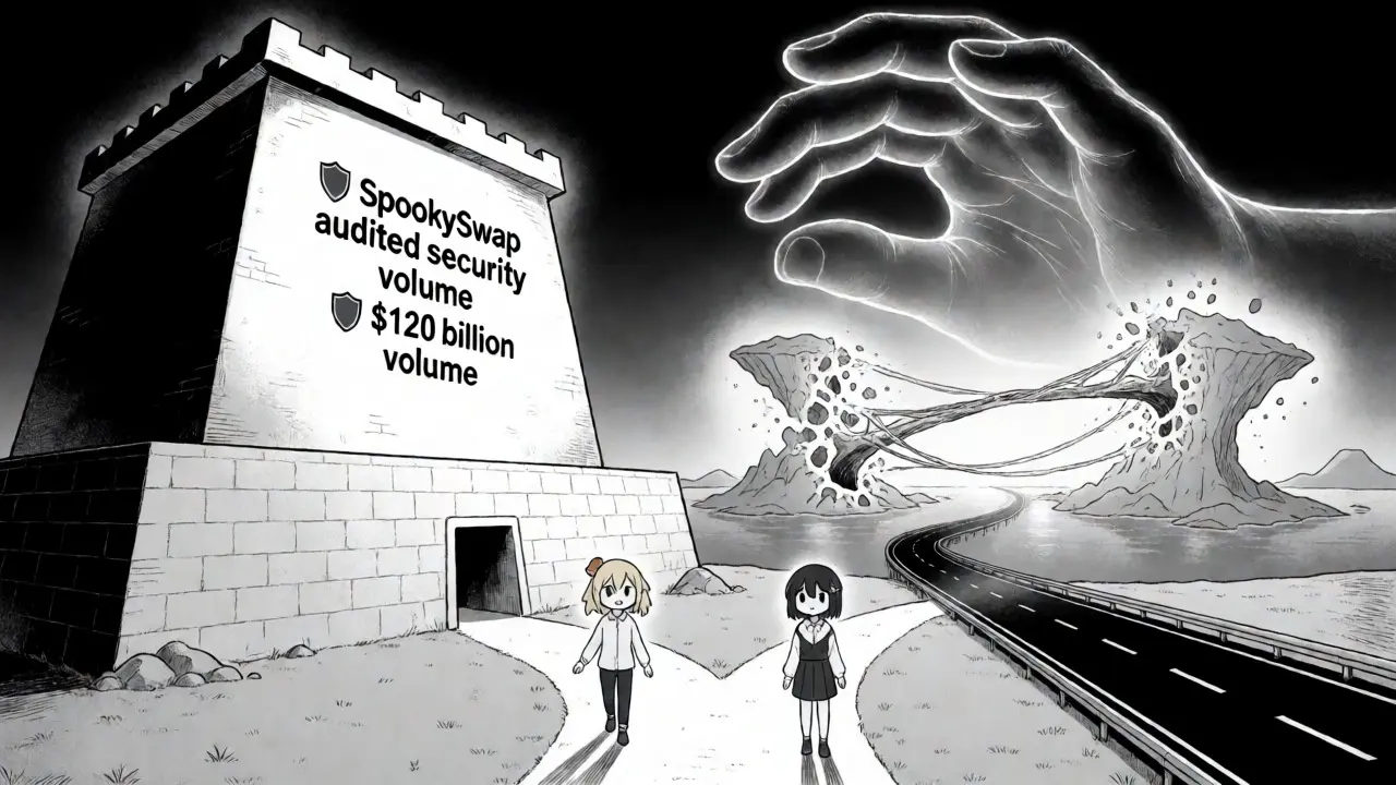 Manga illustration comparing SpookySwap's secure fortress to other DEXs