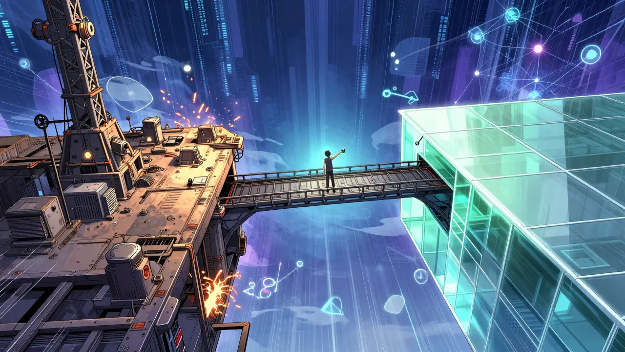 Manga illustration of a bridge connecting industrial and sleek regulatory platforms
