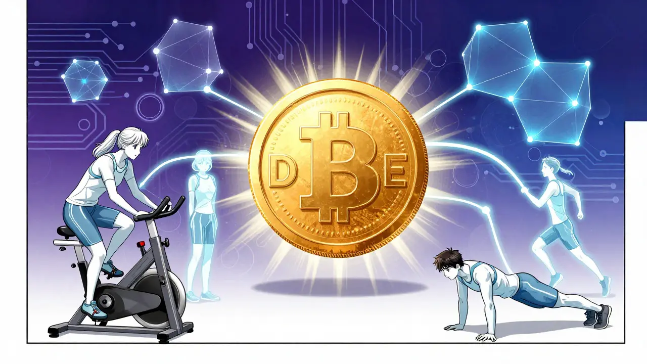 Manga illustration of a glowing coin connected to fitness figures