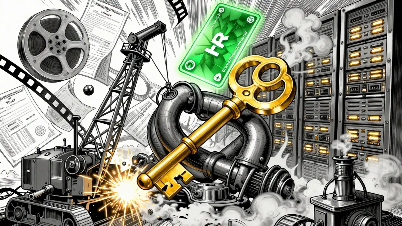 Manga illustration of a golden key fused with industrial mining rigs and creative symbols