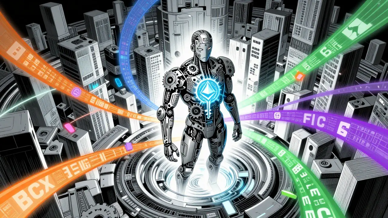 Manga illustration of a mechanical figure surrounded by colorful blockchain data streams