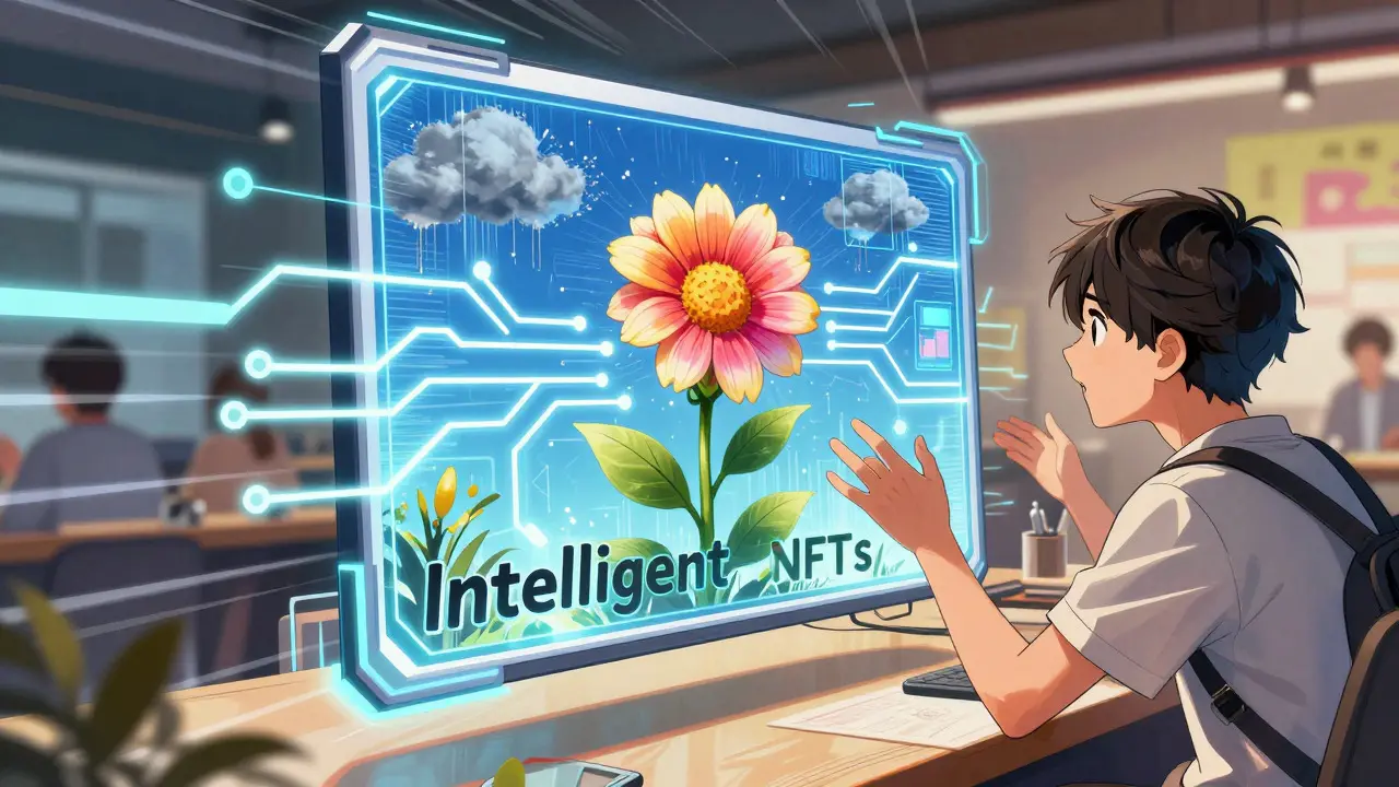 Manga illustration of an evolving intelligent NFT art piece