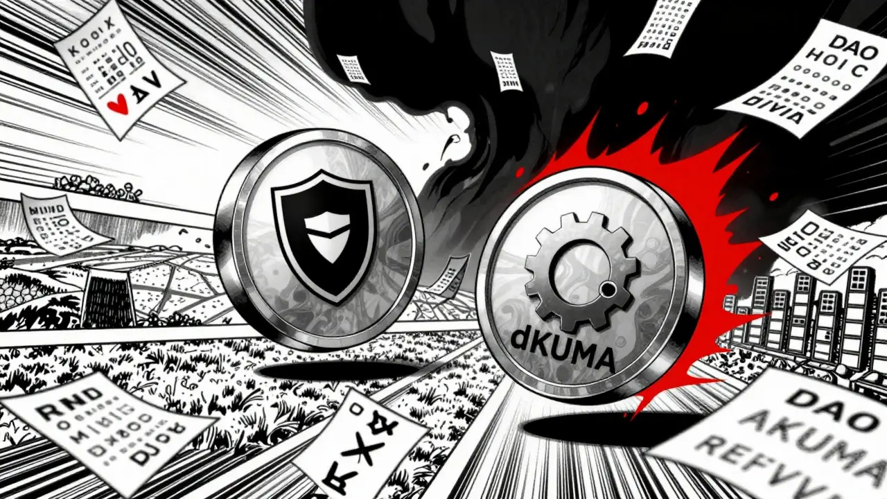 Manga illustration of KUMA and dKUMA tokens with risky shadows