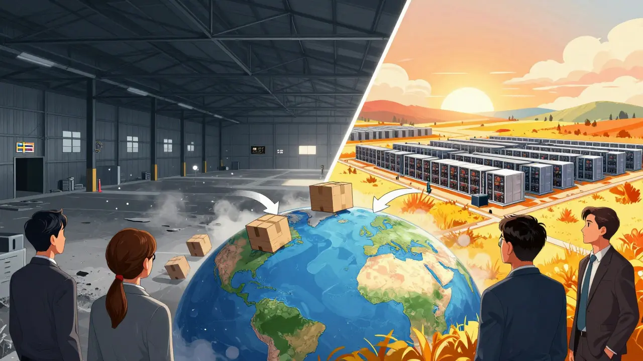 Manga illustration of miners relocating equipment from empty Swedish warehouses to sunny new hubs