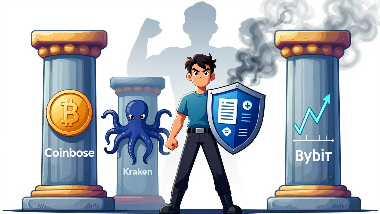 Manga illustration of user protected by shields near safe crypto exchange pillars.