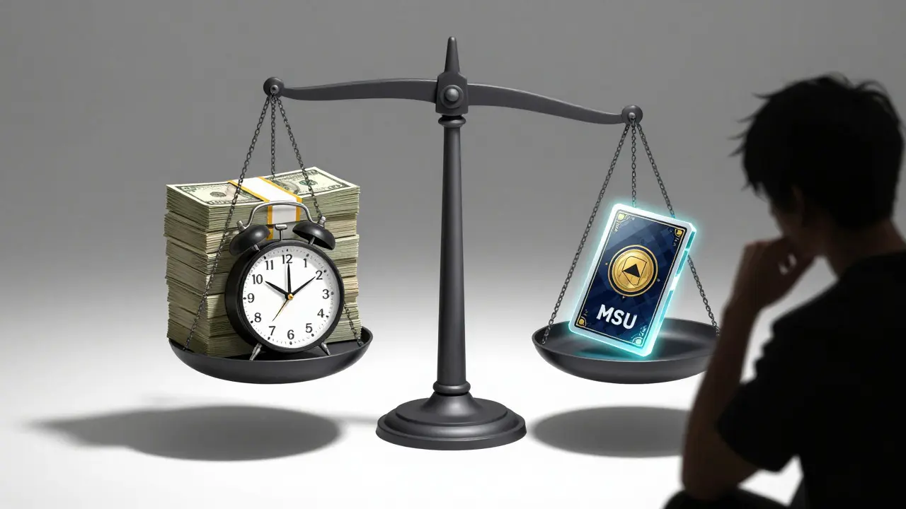 Manga scale balancing cash against glowing crypto tokens