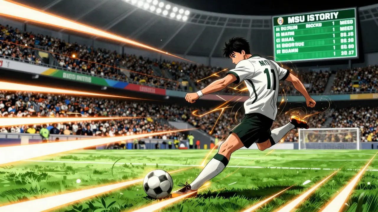 Manga soccer player kicking ball with digital data effects