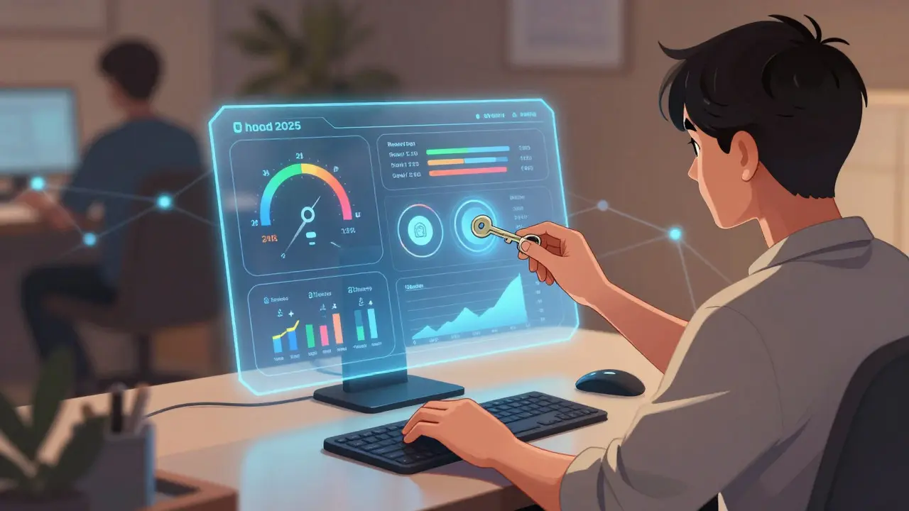 Manga style character connecting a self-custody key to a holographic dashboard displaying abstract liquidity metrics.