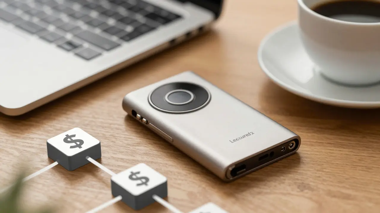 Manga style hardware wallet on a desk symbolizing secure investment