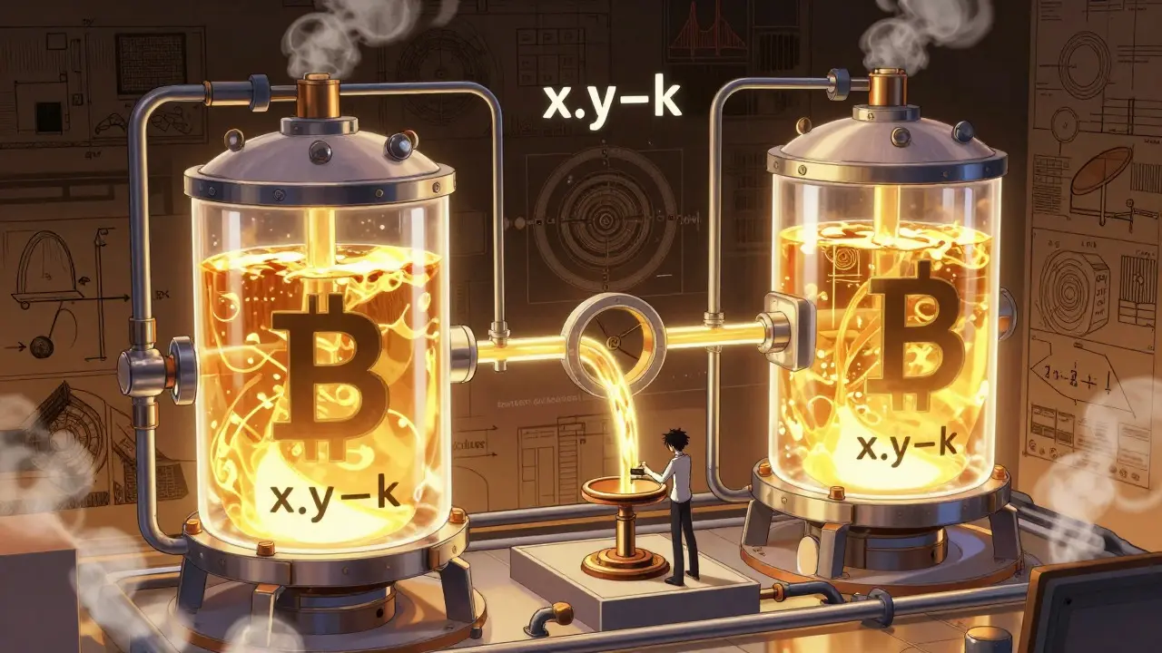 Manga style illustration of a mechanical liquidity pool engine with flowing tokens.