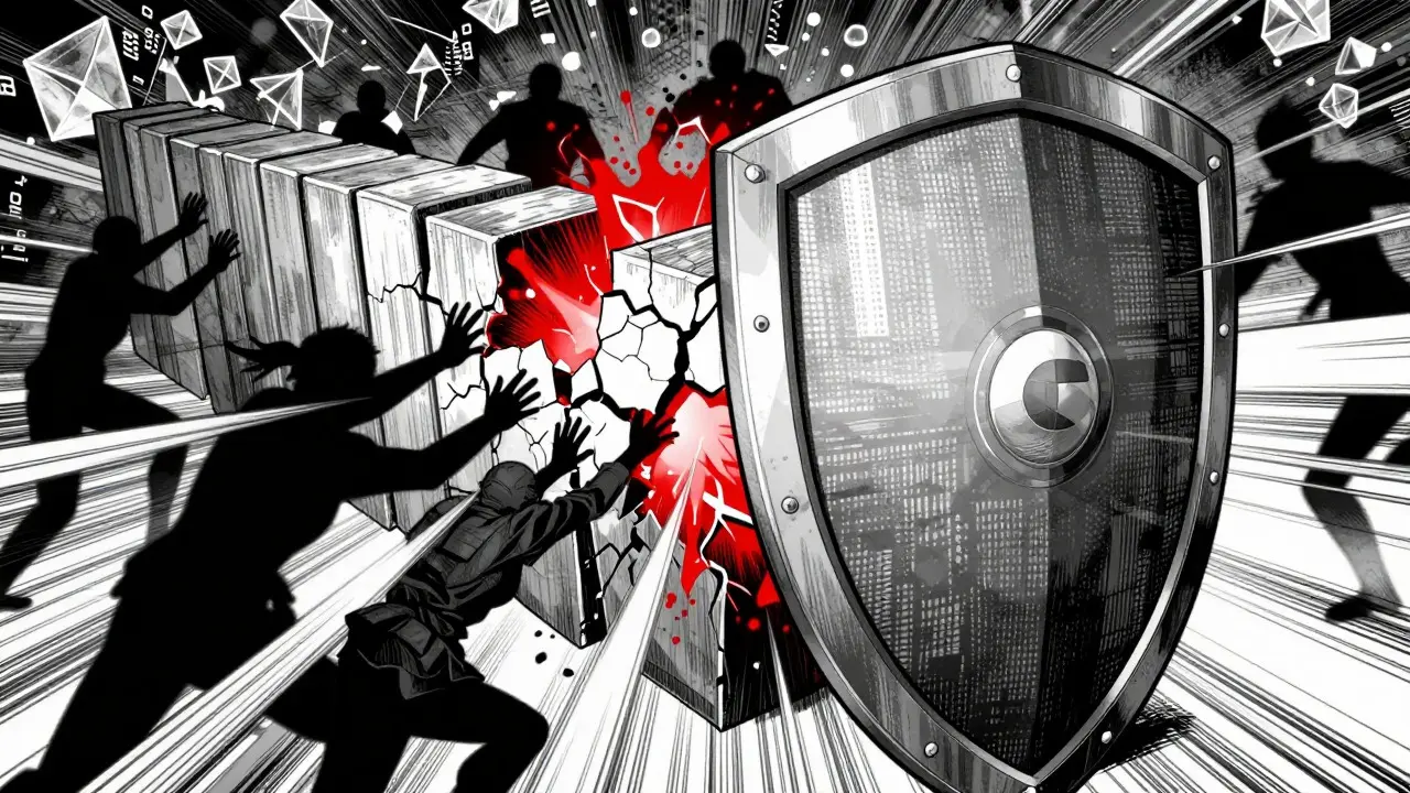 Manga style image of a digital shield cracking at one point while holding back attackers