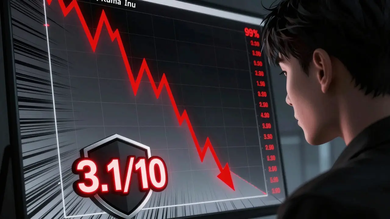 Manga style trader watching crypto price crash and low security rating