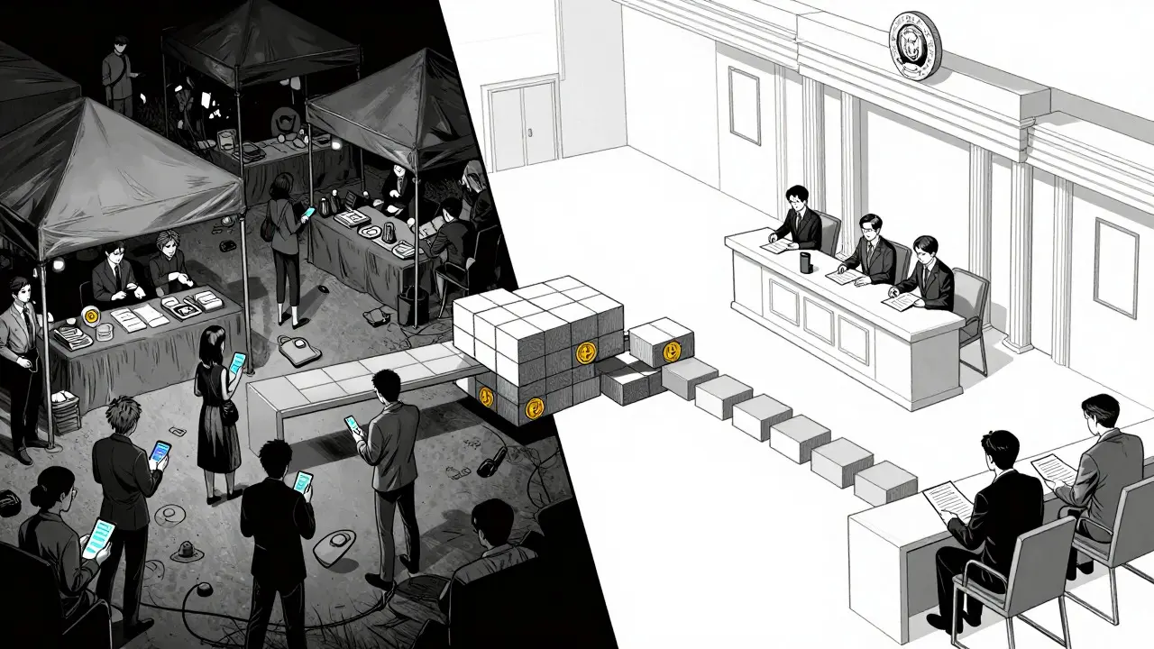 Split scene showing underground crypto trading versus official government regulation buildings.