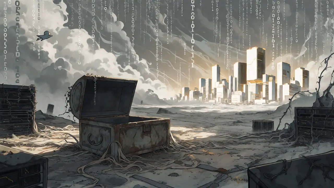 Abandoned digital graveyard with lonely treasure chest in manga style