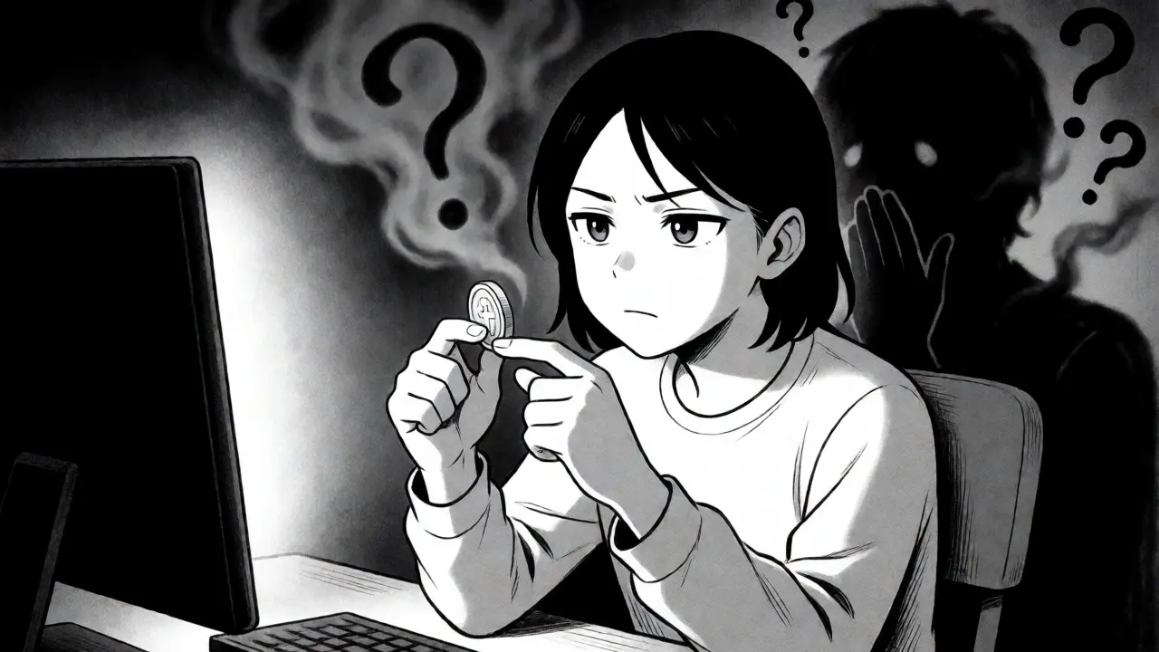 Anime character skeptically examining a translucent digital coin in dim light.