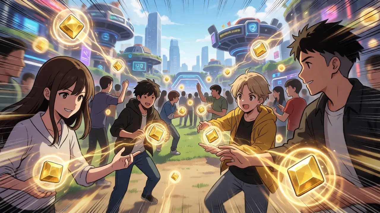Anime characters collecting glowing points in a metaverse