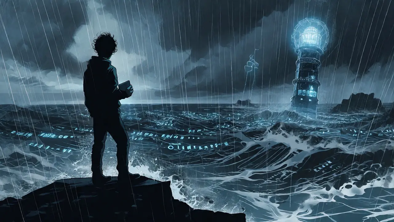 Anime silhouette on a cliff overlooking a stormy data ocean with distant stable exchanges.