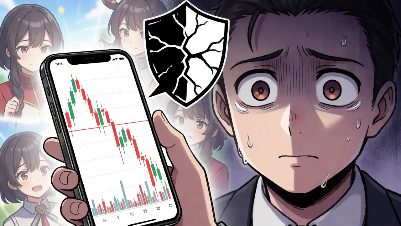 Anxious investor watching crashing crypto chart with fading promises